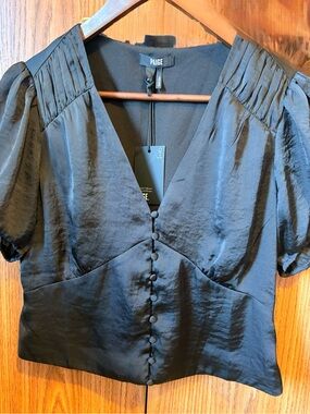PAIGE Black Satin V-Neck Button Front Blouse